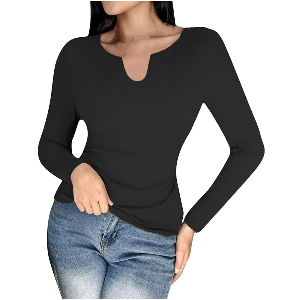 Women Long Sleeve Shirts with Built in Bra Notched Neck Slim
